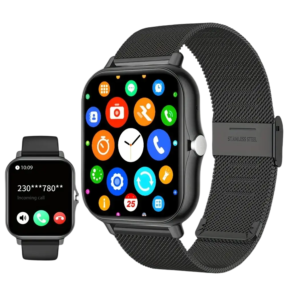 Black stainless steel mesh band bluetooth calling smartwatch with square face and colorful app icons on 1.83 inch screen