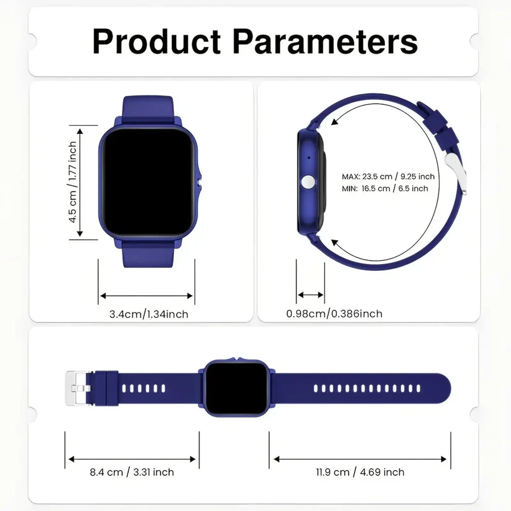 Blue silicone bluetooth calling smart watch with square face and adjustable strap featuring 1.83 inch touch screen