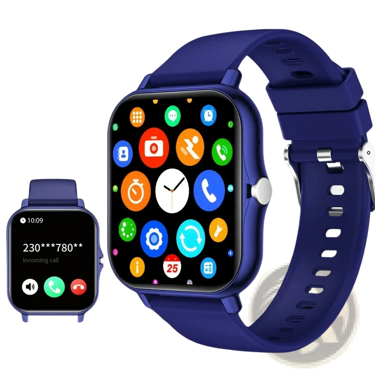 Bluetooth calling smart watch with blue silicone strap square face and colorful app icons on 1.83 inch touch screen
