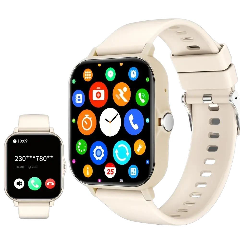 Cream-colored bluetooth calling smartwatch with 1.83 inch touch screen and matching silicone strap