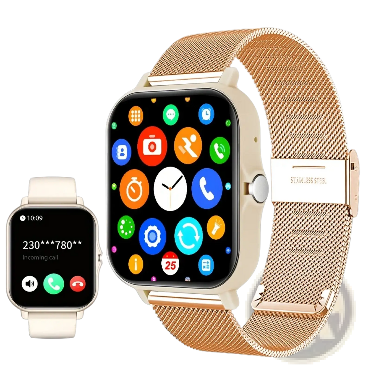 Bluetooth calling smart watch with 1.83 inch touch screen rose gold stainless steel mesh band and colorful app icons