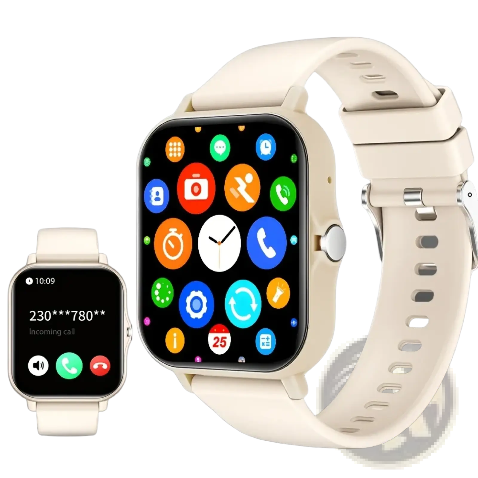 Cream-colored bluetooth calling smartwatch with 1.83 inch touch screen and matching silicone strap