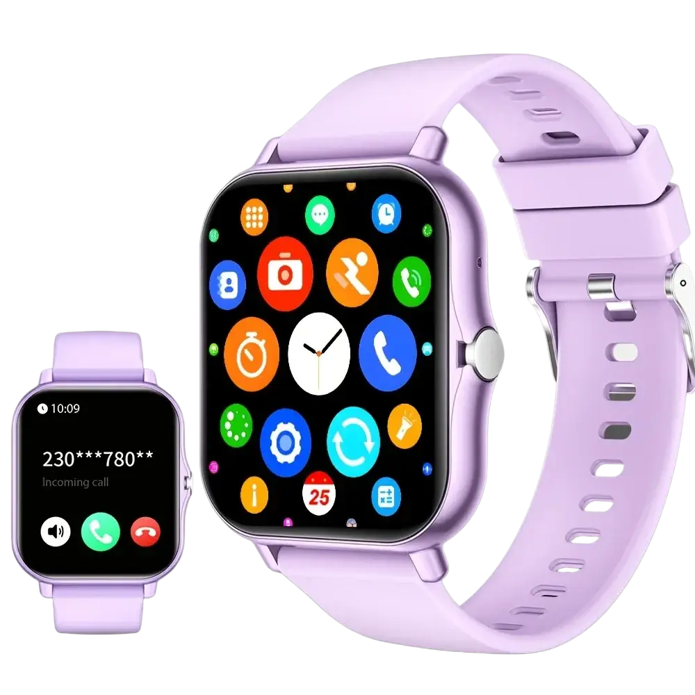 Lavender silicone bluetooth calling smart watch with 1.83 inch touch screen and silver-tone side button