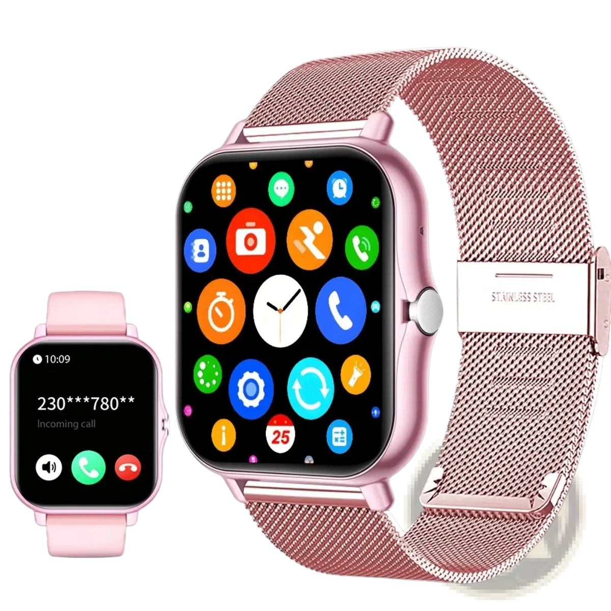 Rose gold stainless steel mesh band bluetooth calling smart watch with 1.83 inch touch screen and colorful app icons