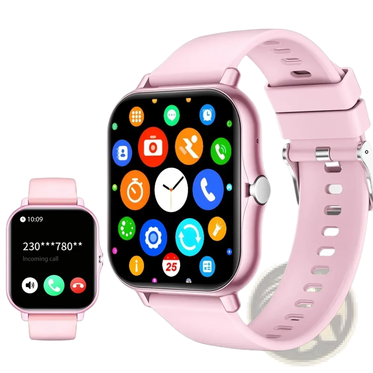 Pink silicone bluetooth calling smart watch with 1.83 inch touch screen and colorful app icons on square face