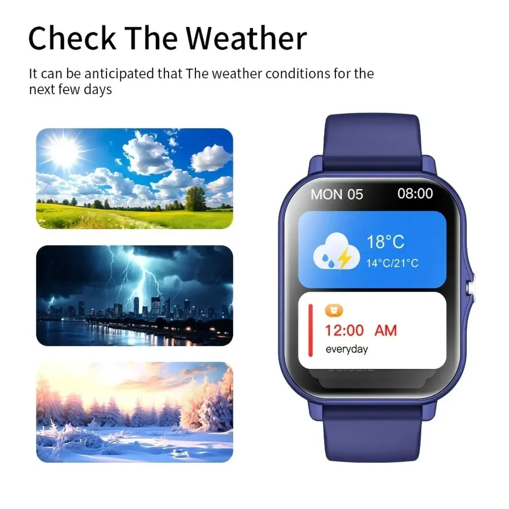 Purple bluetooth calling smart watch with 1.83 inch rectangular touch screen displaying weather and time