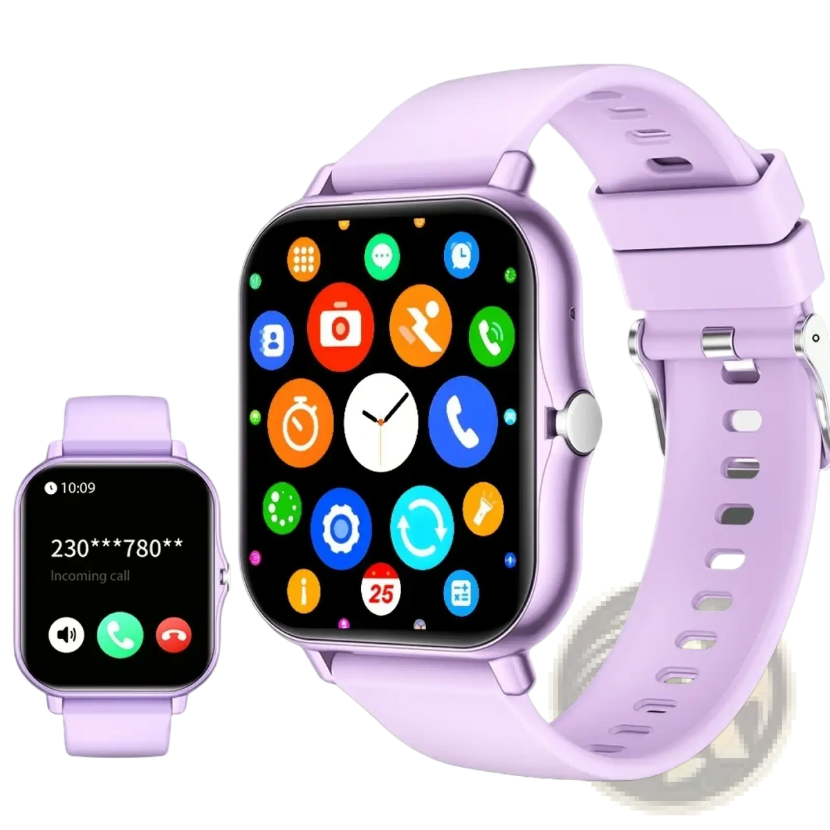 Lavender silicone bluetooth calling smart watch with 1.83 inch touch screen and silver-tone side button