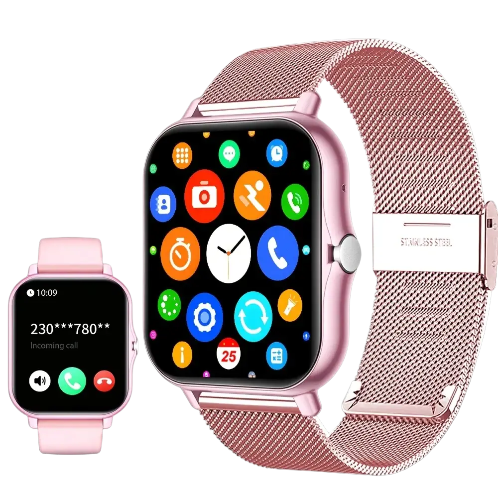 Rose gold stainless steel mesh band bluetooth calling smart watch with 1.83 inch touch screen and colorful app icons