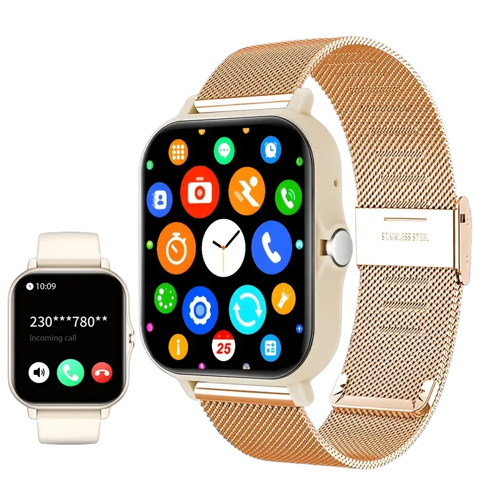 Bluetooth calling smart watch with 1.83 inch touch screen rose gold stainless steel mesh band and colorful app icons