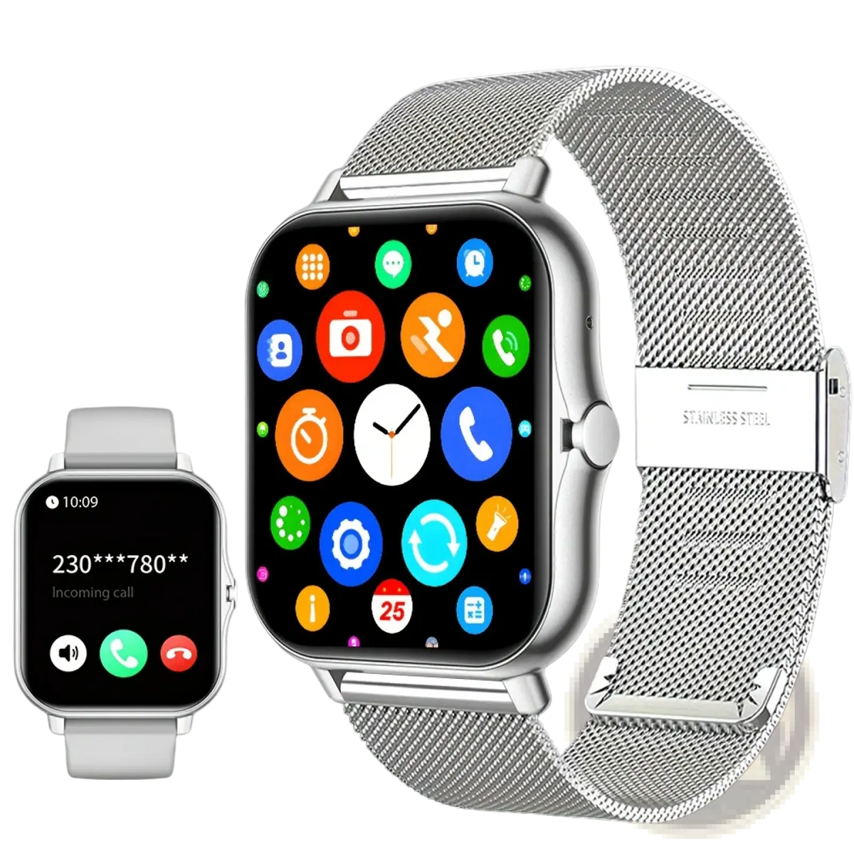 Bluetooth calling smart watch with 1.83 inch touch screen featuring a silver stainless steel mesh band and colorful app icons