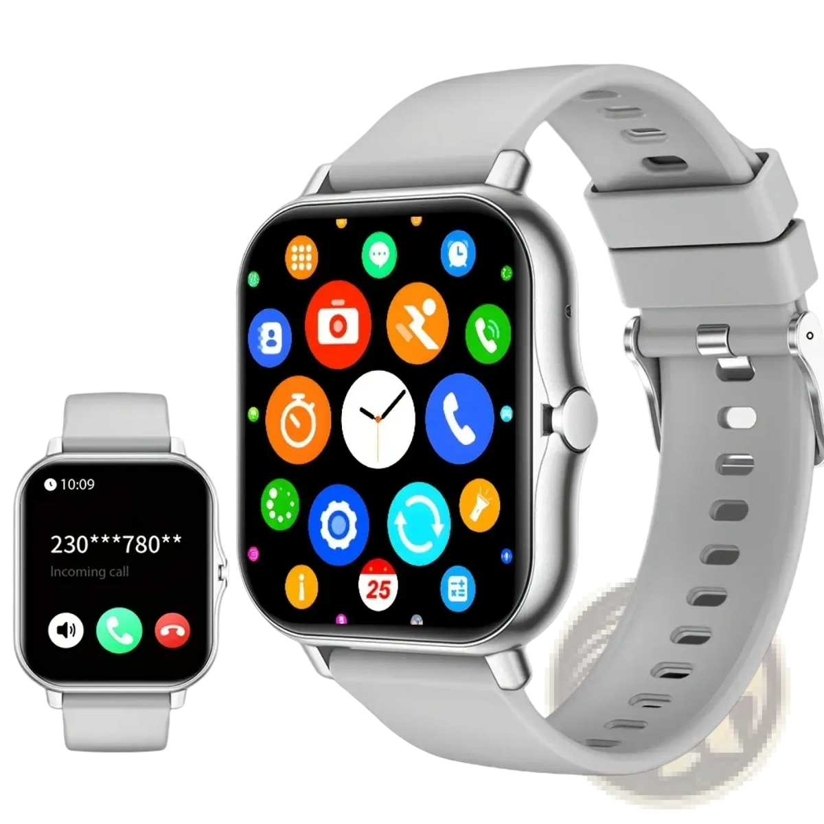 A sleek light gray bluetooth calling smart watch with 1.83 inch touch screen and silicone strap