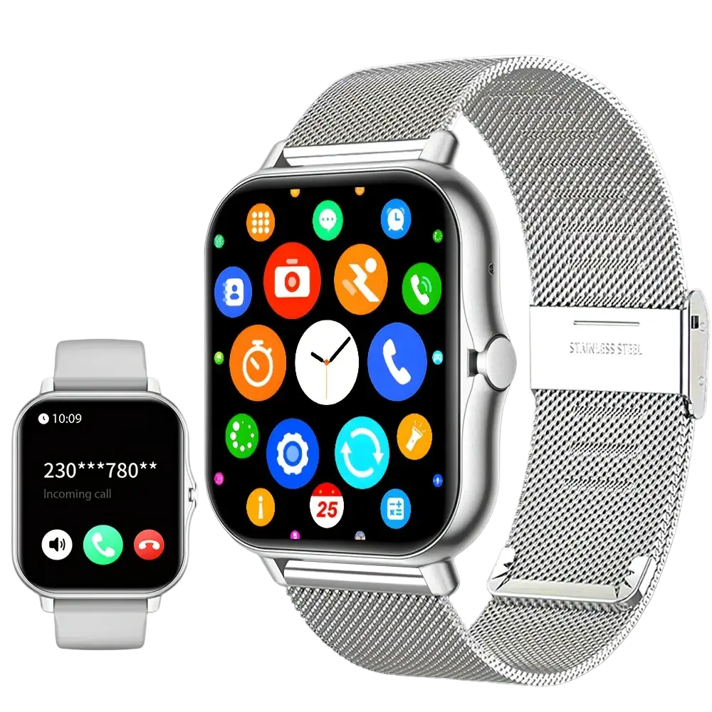 Bluetooth calling smart watch with 1.83 inch touch screen featuring a silver stainless steel mesh band and colorful app icons