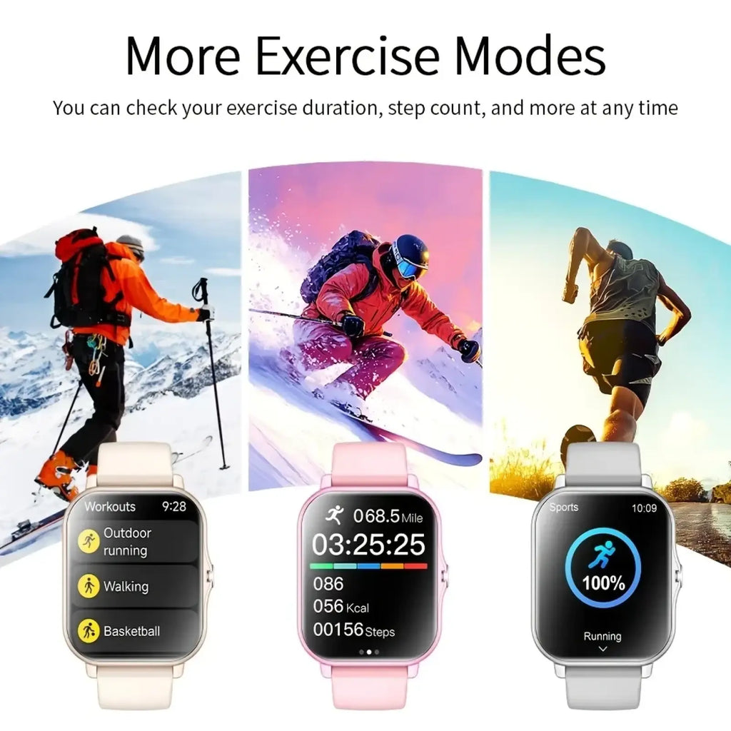 A bluetooth calling smart watch with 1.83 inch touch screen silver bezel and soft pink silicone strap displaying fitness metrics