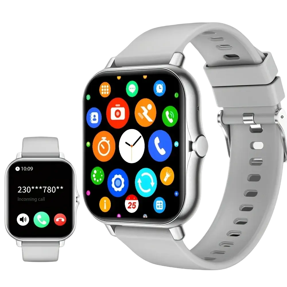 A sleek light gray bluetooth calling smart watch with 1.83 inch touch screen and silicone strap