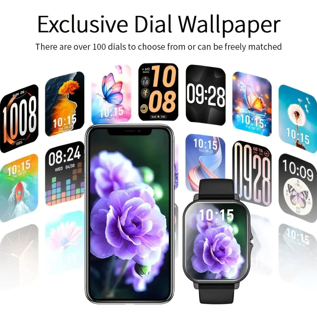 Bluetooth calling smartwatch with 1.83 inch touch screen black strap displaying vibrant purple rose wallpaper