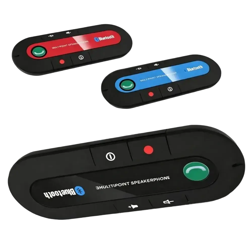 Black bluetooth car speakerphone wireless visor kit with red and green buttons and sleek oval design for in-car use