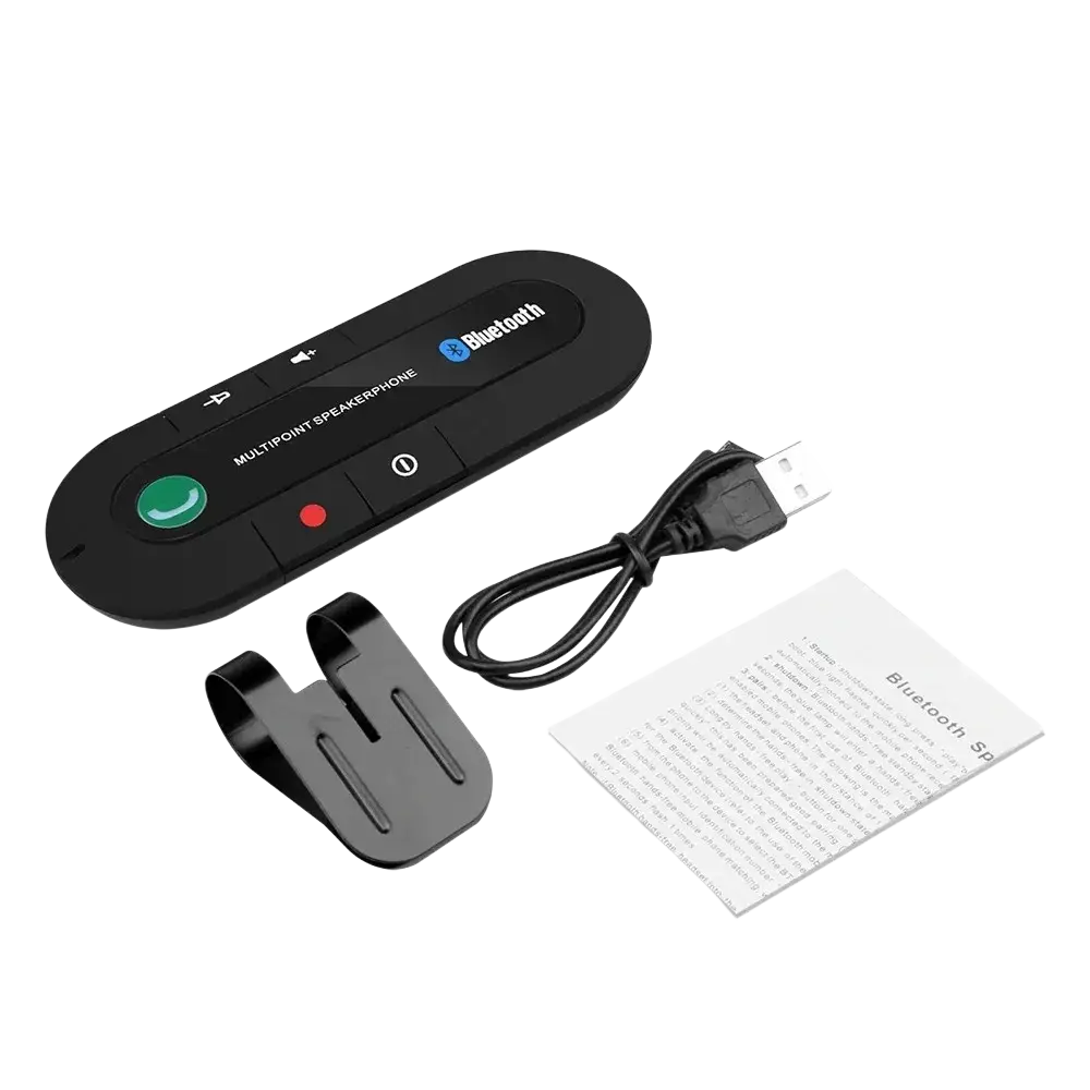 Black bluetooth multipoint speakerphone with green call button and red power indicator for wireless car visor use