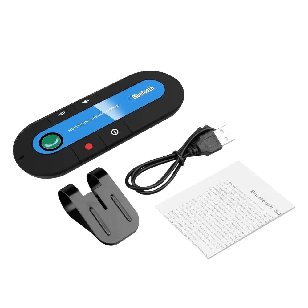 Black bluetooth multipoint wireless car speakerphone with blue accent panel and green call button visor kit