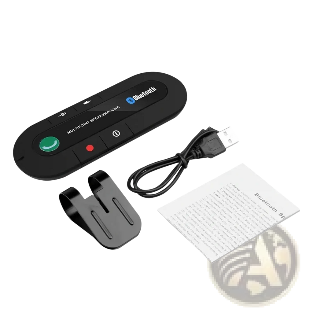 Black bluetooth multipoint speakerphone with green call button and red power indicator for wireless car visor use