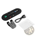 Black bluetooth multipoint speakerphone with green call button and red power indicator for wireless car visor use