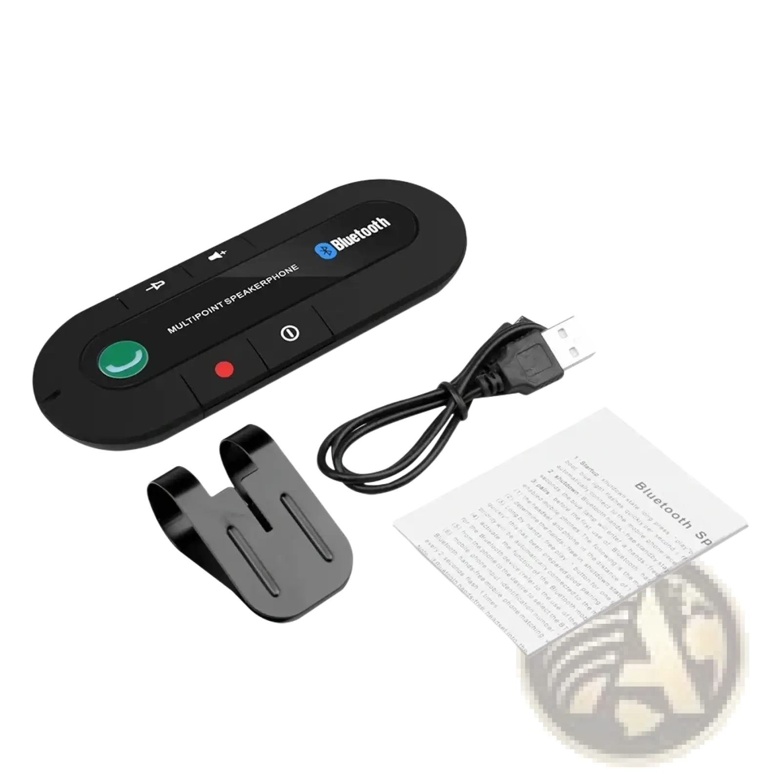Black bluetooth multipoint speakerphone with green call button and red power indicator for wireless car visor use