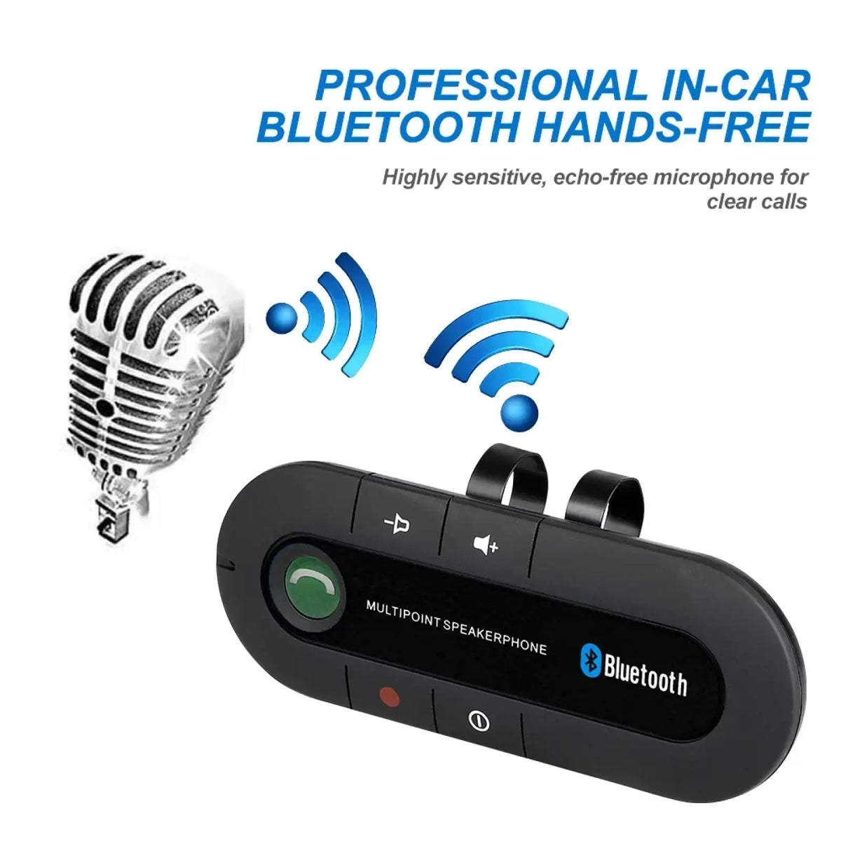 Black plastic bluetooth car speakerphone wireless visor kit with green call button and silver microphone graphic