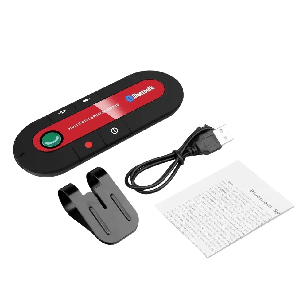 Black and red bluetooth multipoint car speakerphone with green call button for wireless visor kit use