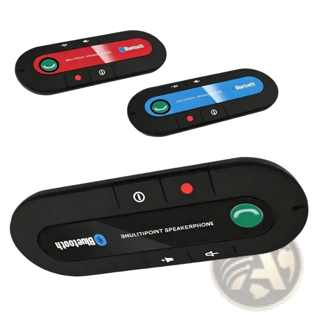 Black bluetooth car speakerphone wireless visor kit with red and green buttons and sleek oval design for in-car use