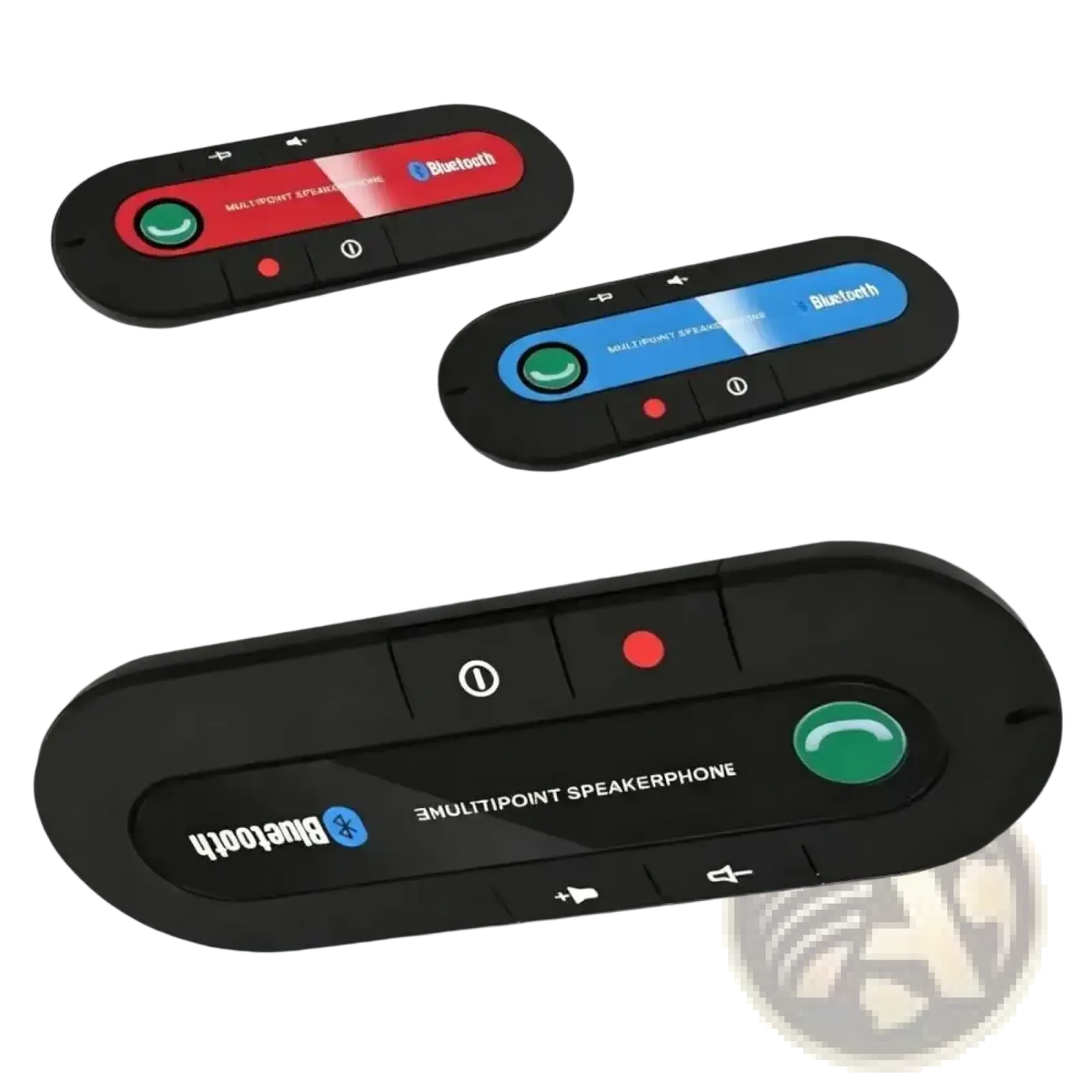 Black bluetooth car speakerphone wireless visor kit with red and green buttons and sleek oval design for in-car use