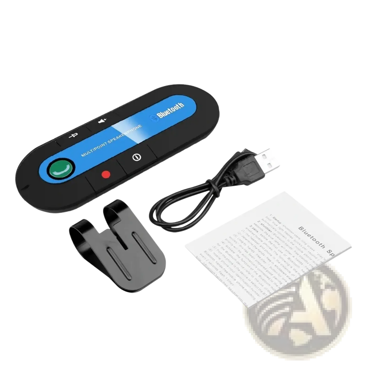 Black bluetooth multipoint wireless car speakerphone with blue accent panel and green call button visor kit