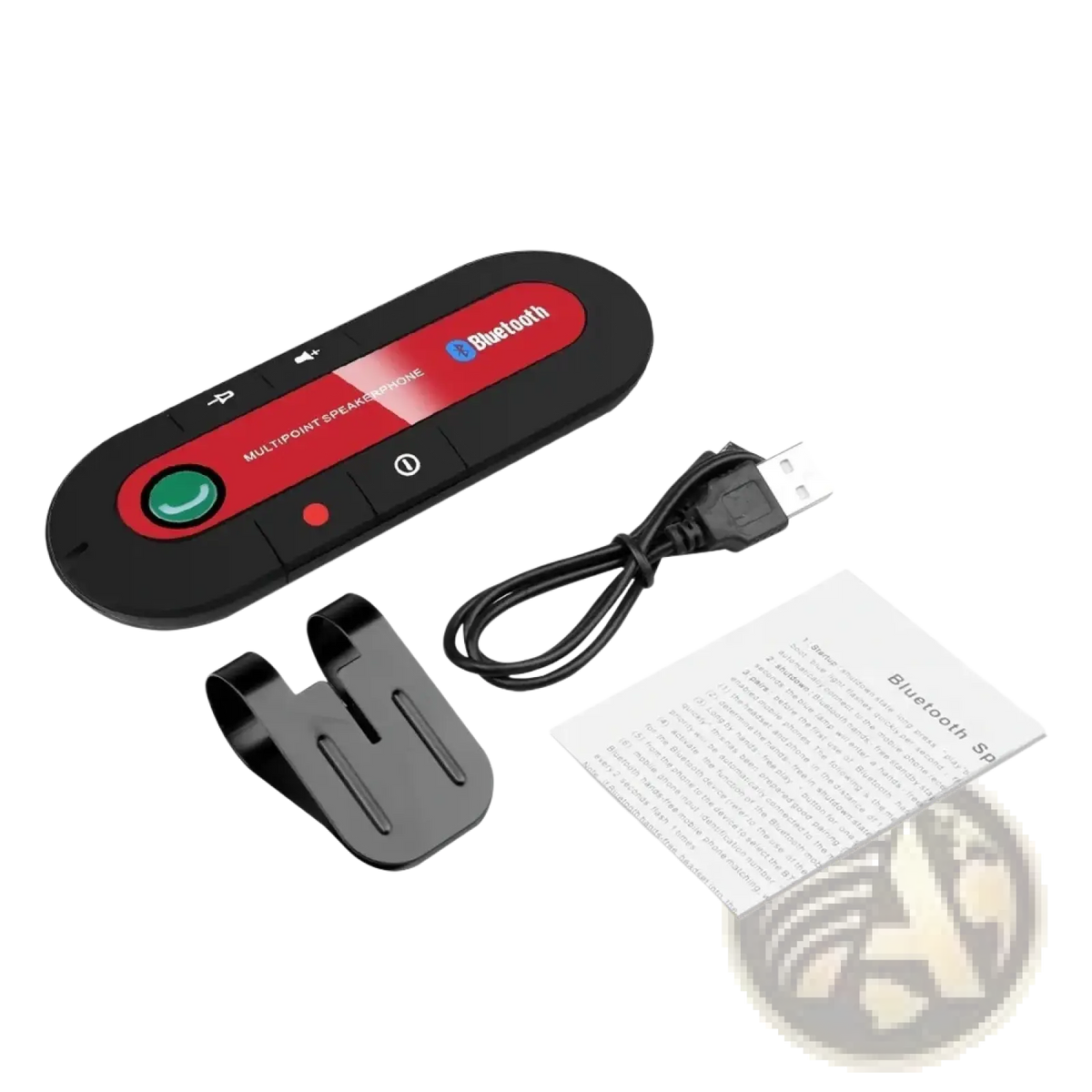Black and red bluetooth multipoint car speakerphone with green call button for wireless visor kit use