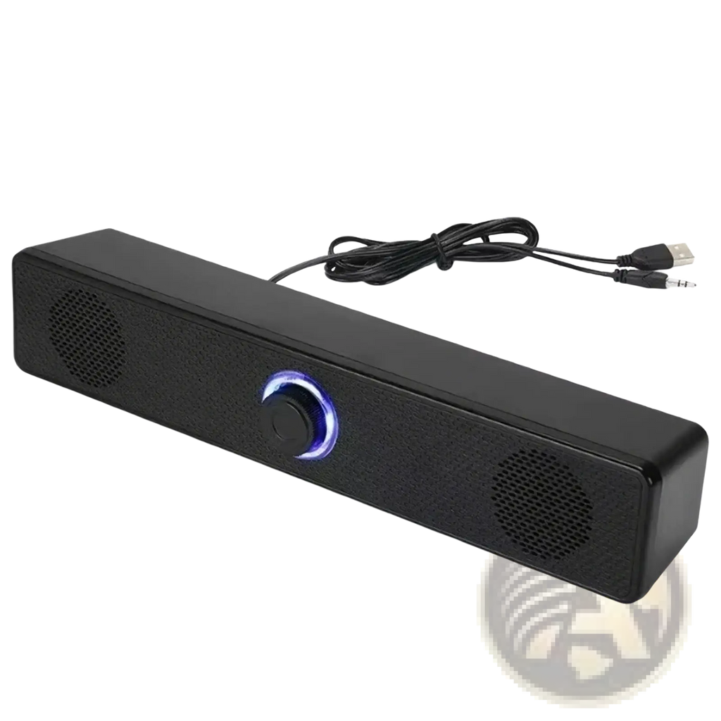 Black rectangular bluetooth computer speaker wireless desktop soundbar with blue illuminated volume knob and textured surface