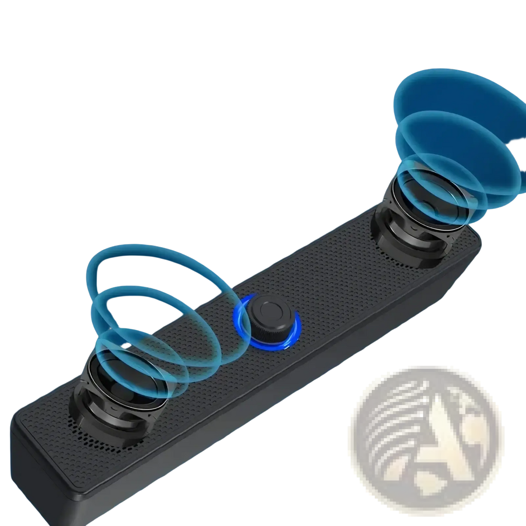 Black rectangular bluetooth computer speaker with dual horns textured surface and glowing blue center button for desktop use