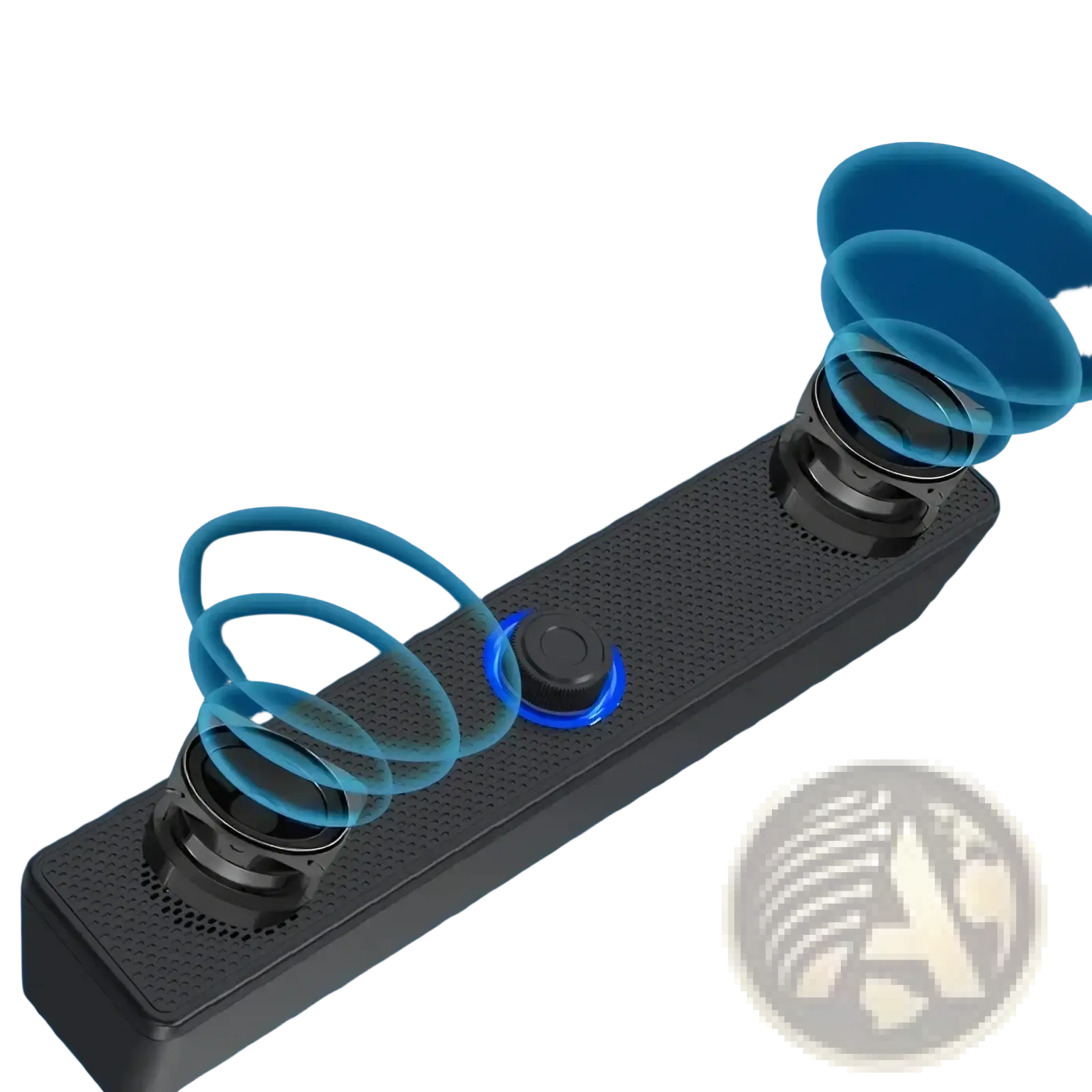 Black rectangular bluetooth computer speaker with dual horns textured surface and glowing blue center button for desktop use