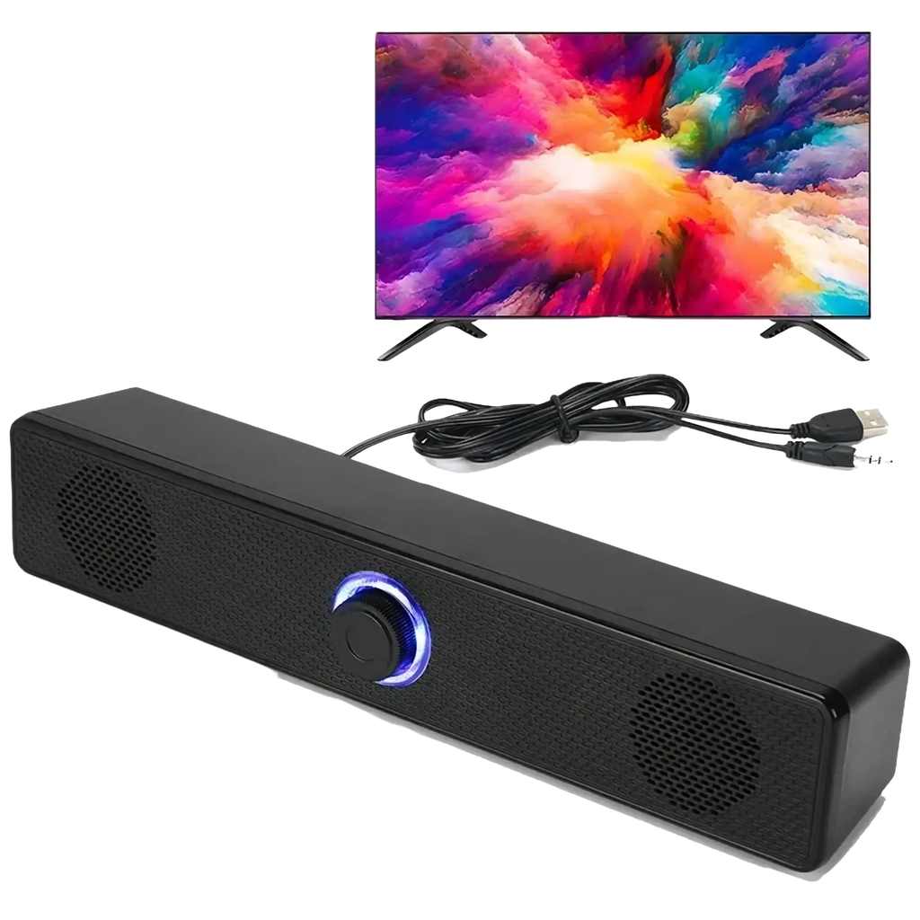 Black bluetooth computer speaker wireless desktop soundbar with a textured surface and glowing blue circular control knob