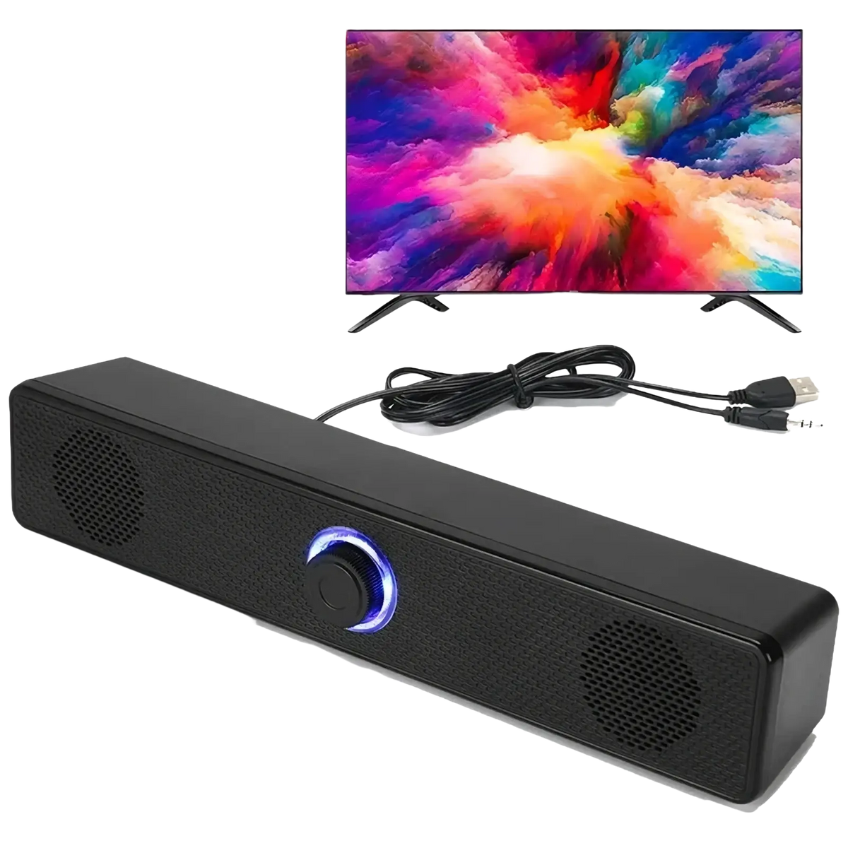 Black bluetooth computer speaker wireless desktop soundbar with a textured surface and glowing blue circular control knob