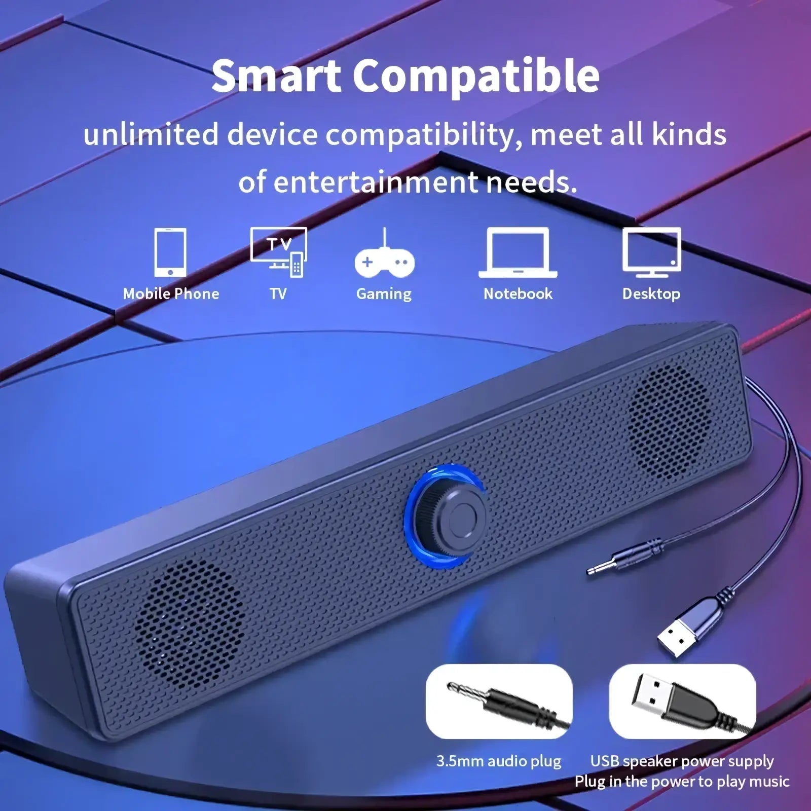 Black rectangular usb bluetooth computer speaker with blue illuminated control knob and perforated grille design