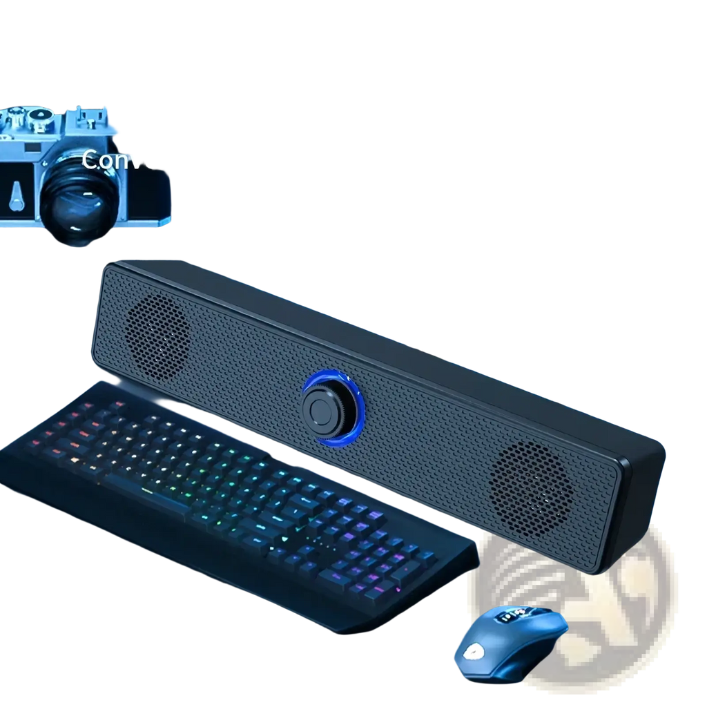Black rectangular bluetooth computer speaker with textured surface and blue illuminated control knob for desktop use
