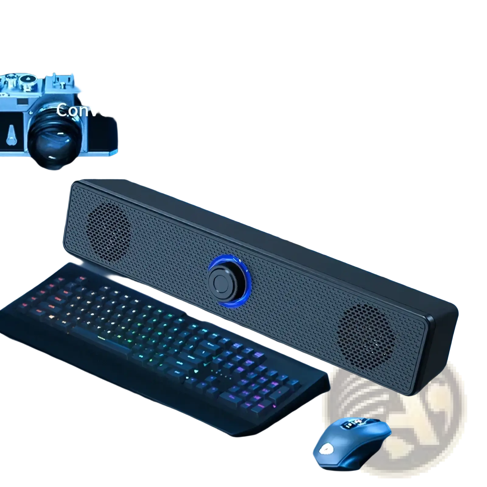 Black rectangular bluetooth computer speaker with textured surface and blue illuminated control knob for desktop use