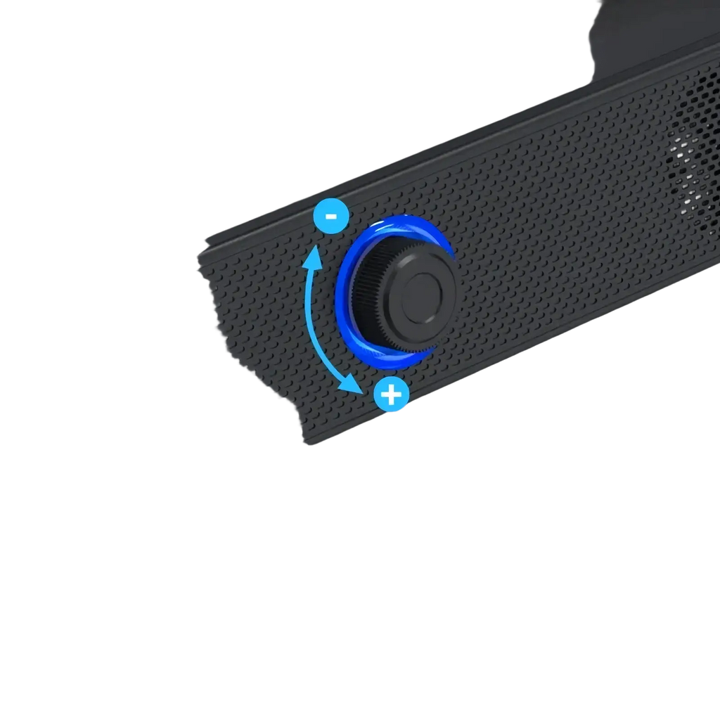 Black bluetooth computer speaker wireless desktop soundbar with blue led-lit volume knob and perforated grille
