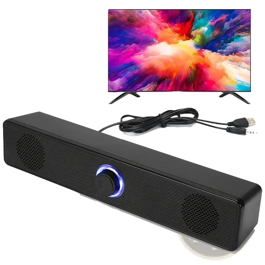 Black bluetooth computer speaker wireless desktop soundbar with a textured surface and glowing blue circular control knob