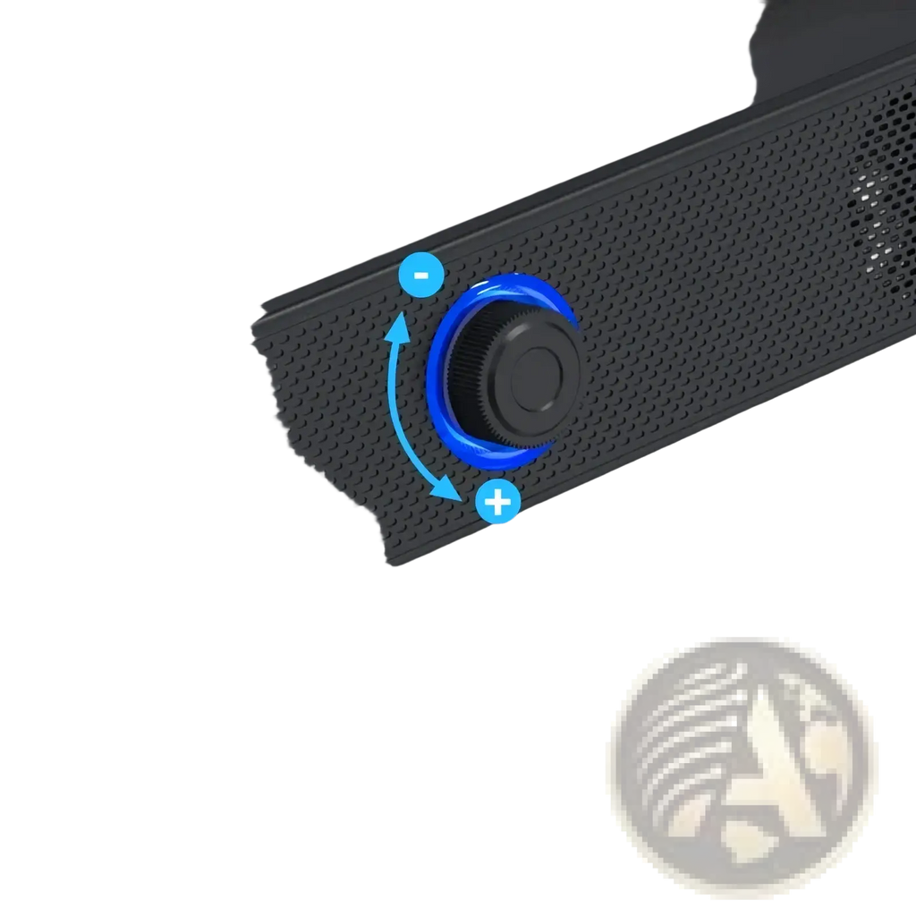 Black bluetooth computer speaker wireless desktop soundbar with blue led-lit volume knob and perforated grille