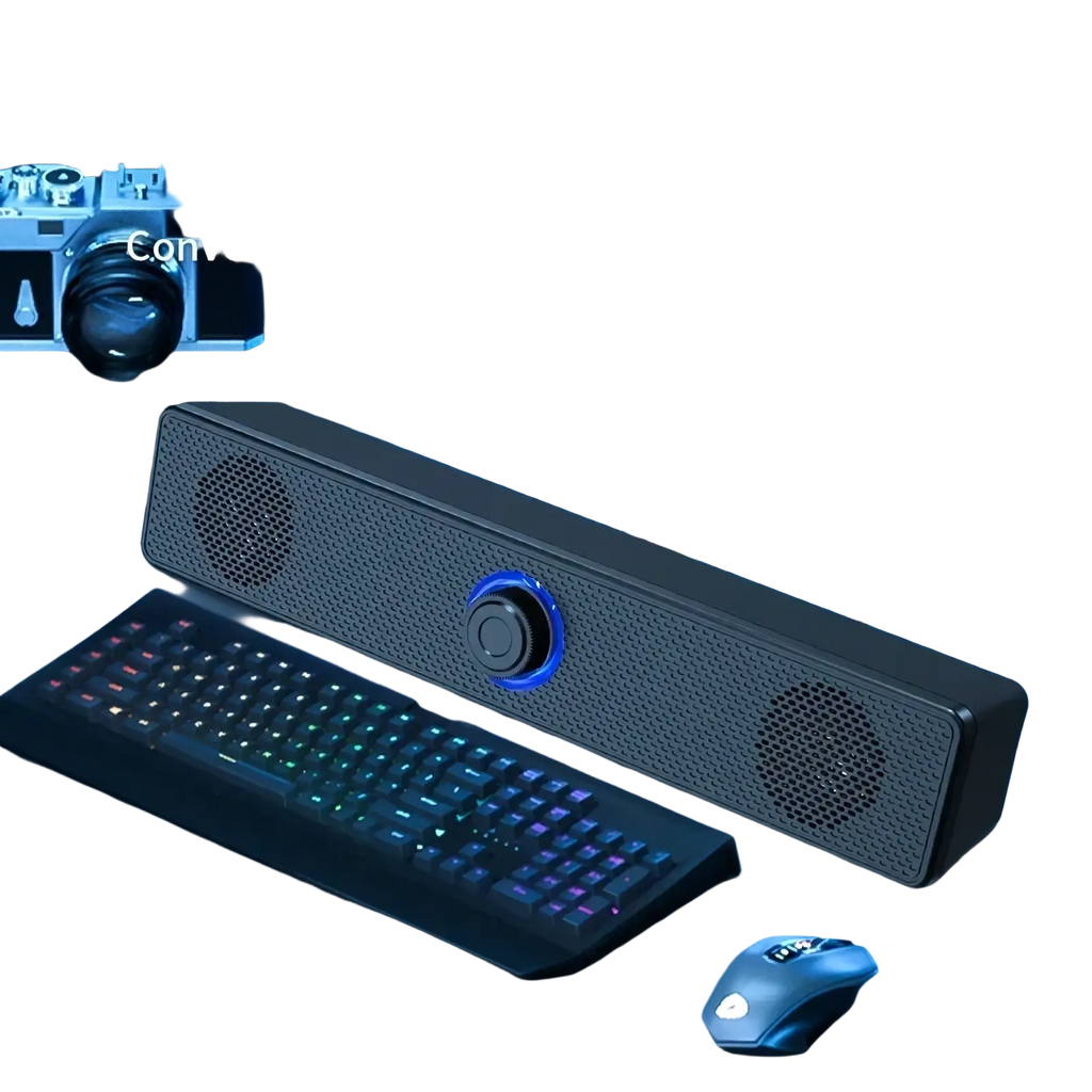 Black rectangular bluetooth computer speaker with textured surface and blue illuminated control knob for desktop use
