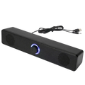 Black rectangular bluetooth computer speaker wireless desktop soundbar with blue illuminated volume knob and textured surface