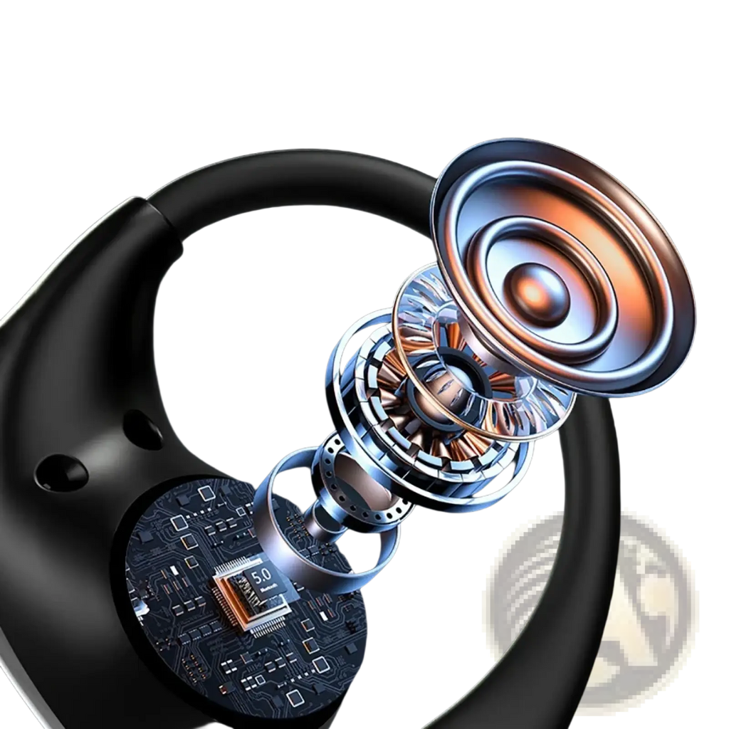 Black wireless bluetooth ear hook headphones showcasing sleek ergonomic design with internal hifi stereo sound components
