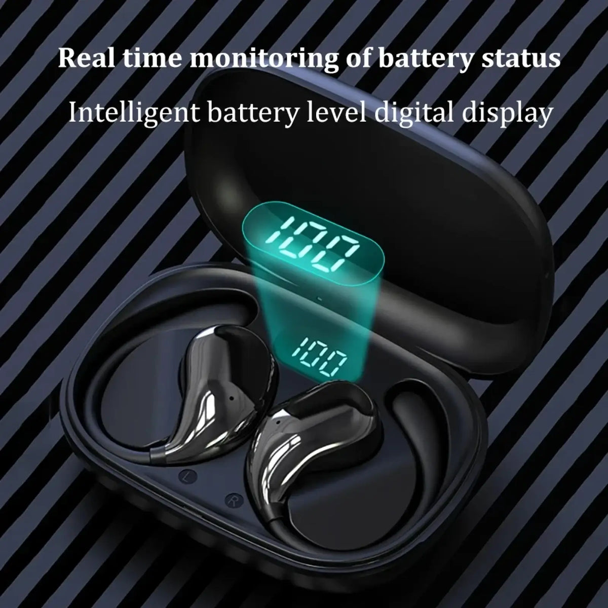Black bluetooth ear hook headphones wireless sports earbuds with glossy finish and battery display charging case