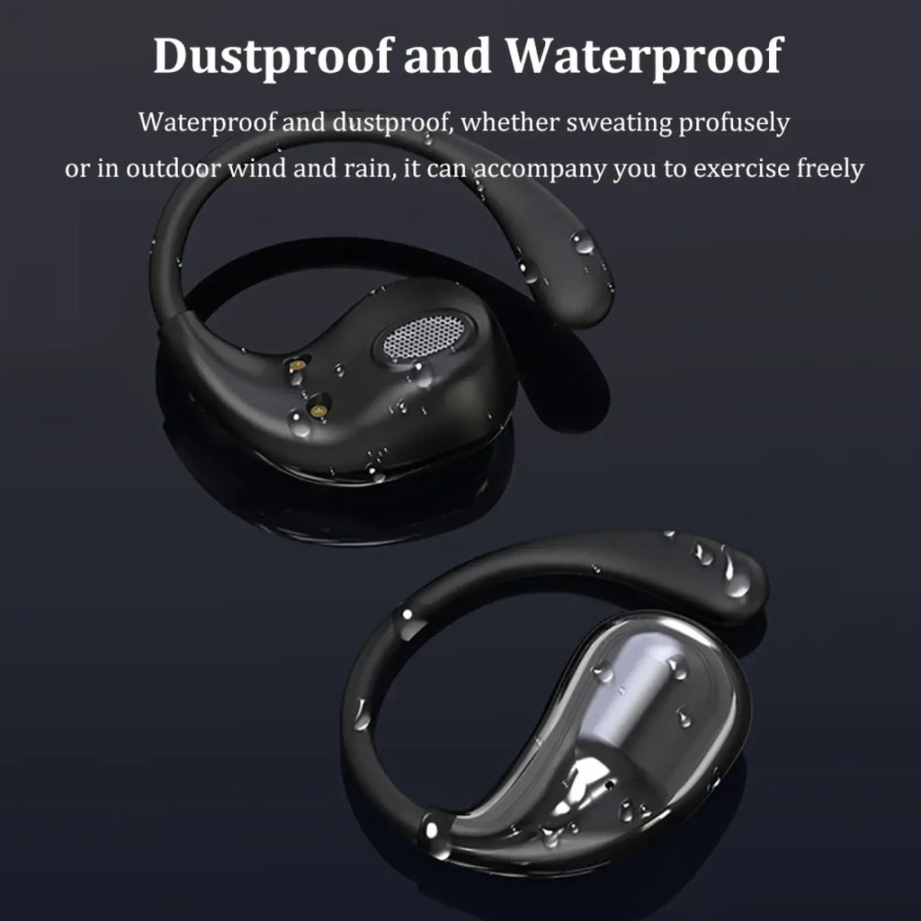 Black sleek wireless bluetooth ear hook headphones designed for secure fit during sports and exercise use