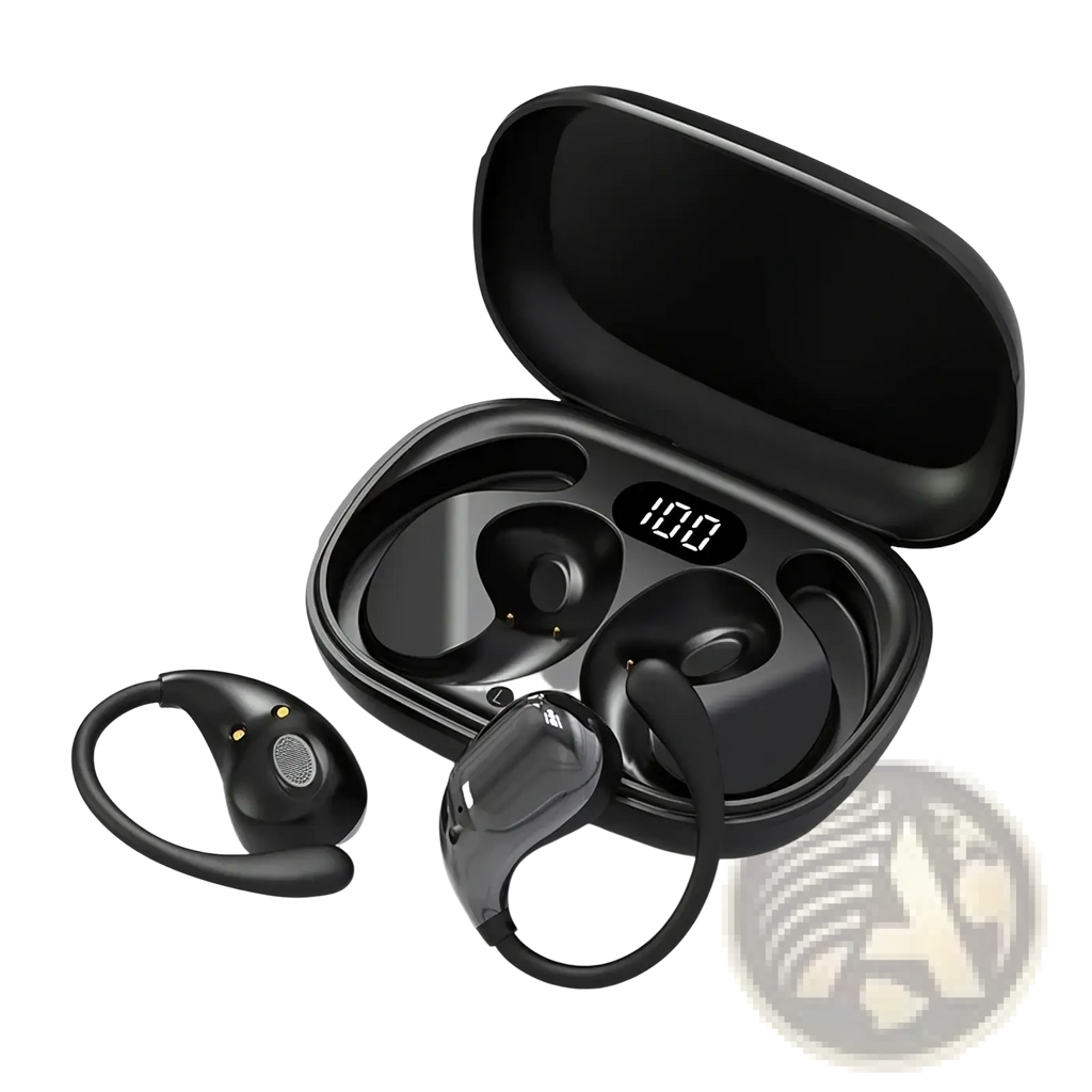 Black wireless Bluetooth ear hook headphones with glossy finish and ergonomic design for secure sports fit
