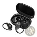 Black wireless Bluetooth ear hook headphones with glossy finish and ergonomic design for secure sports fit