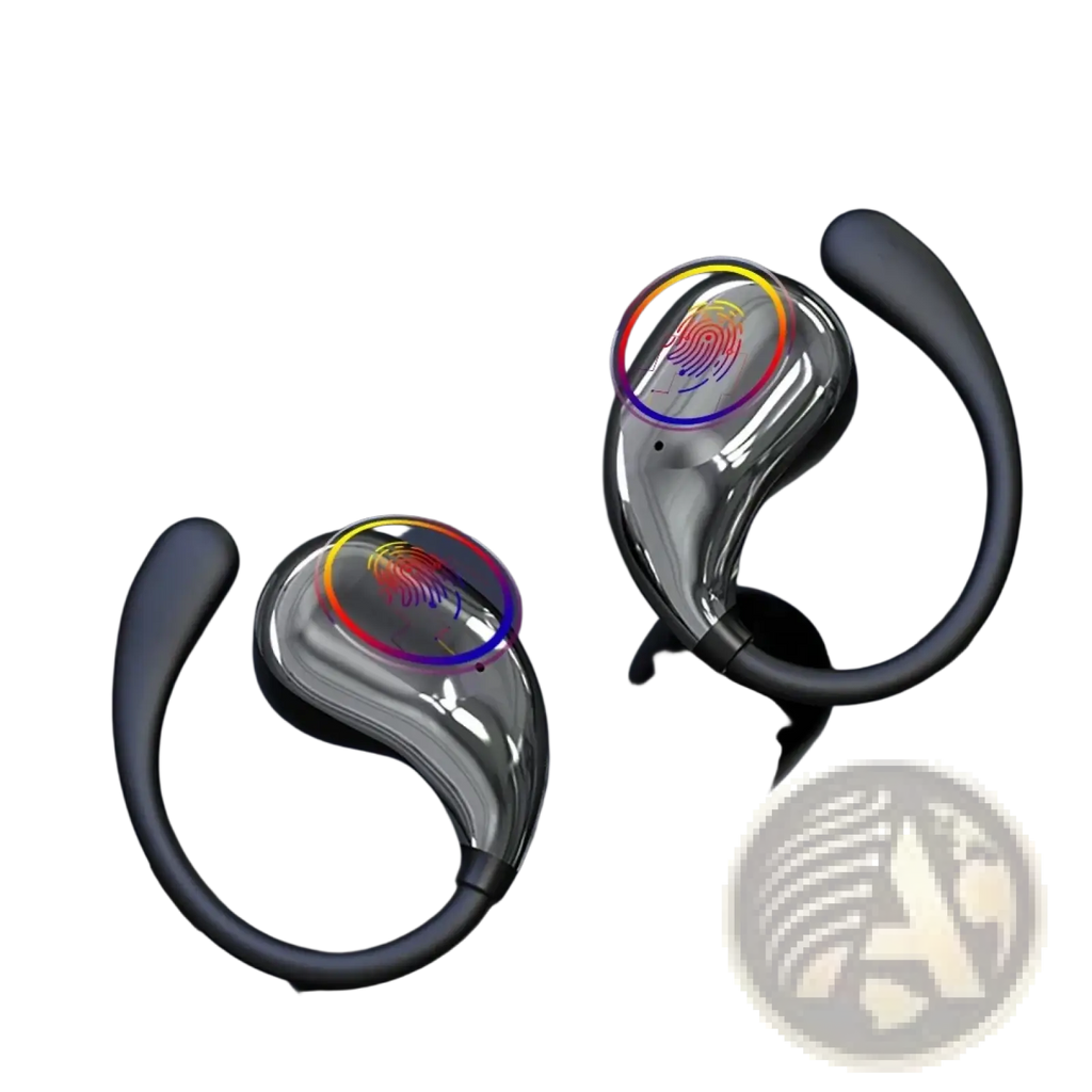 Silver and black bluetooth ear hook headphones wireless sports earbuds with sleek ergonomic design and fingertip touch control